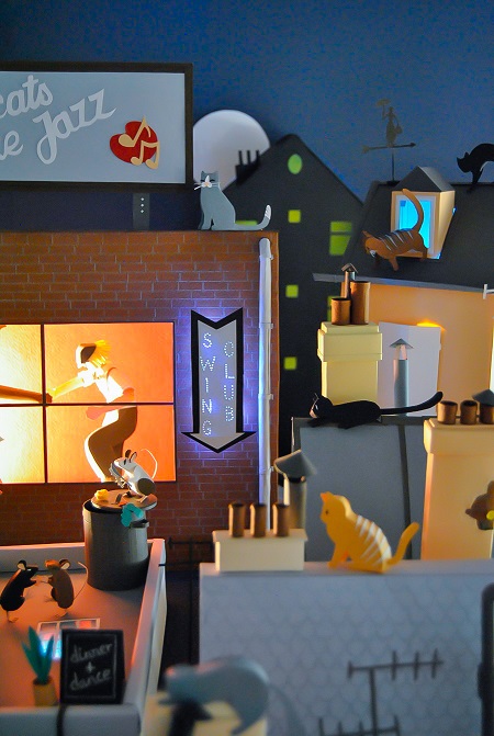 Paper art - Partial view of the diorama. Cats watching the Swing dancers.