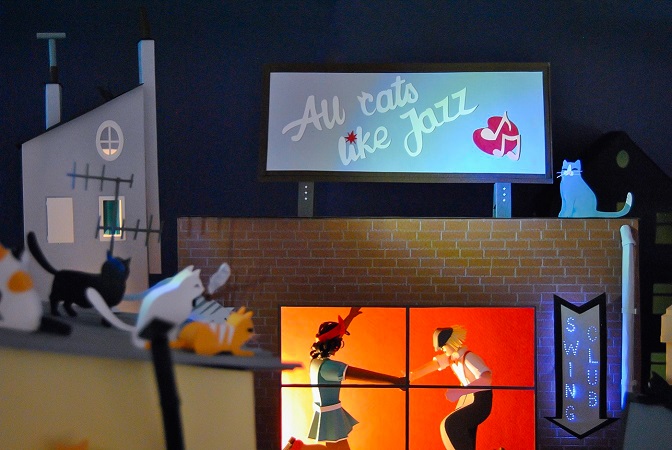 Paper art - Partial view of the diorama. Cats watching the Swing dancers.