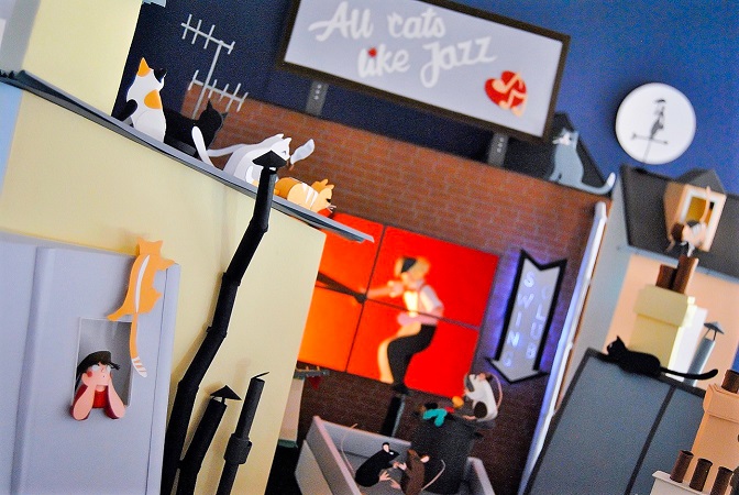 Paper art - Partial view of the diorama. Cats and rats watching the Swing dancers.