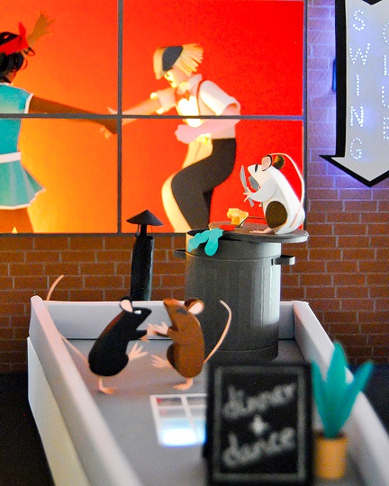 Paper art - Partial view of the diorama. Rats dine and dance by the Swing club.