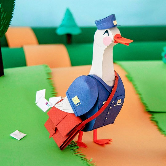 Paper art - The nice distracted duck stops in her way. 3D paper figurine.