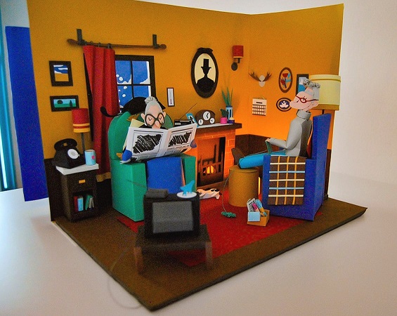 Paper art - Cozy, warm living room with grandparents. Diorama.