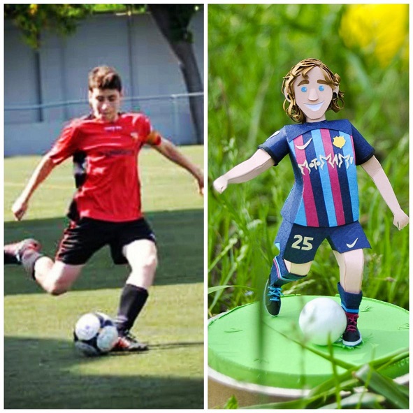 Paper art - Comparison between the original football / soccer player during a match and his portrait on paper imitating the same posture. Custom birthday gift.