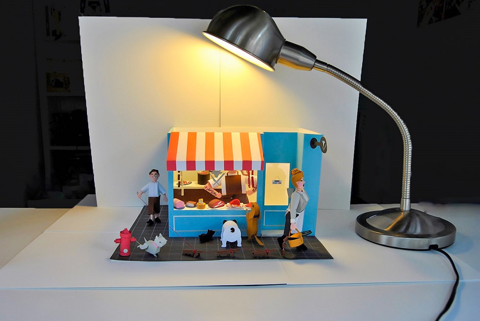 Paper art - The whole diorama under a flexo lamp.