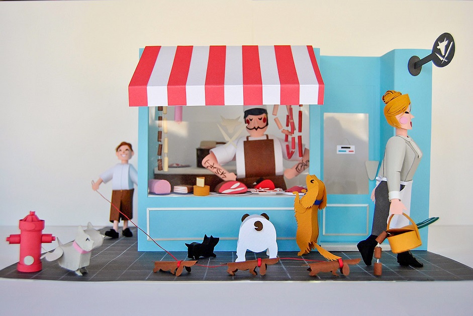 Paper art - General view of the diorama "Sausages". Miniature.