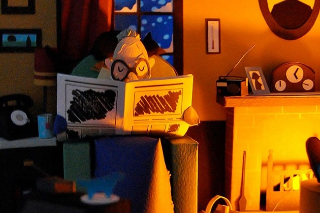 Paper art - Grandma reading the news by the fireplace during a snowstorm in her cozy warm living room.