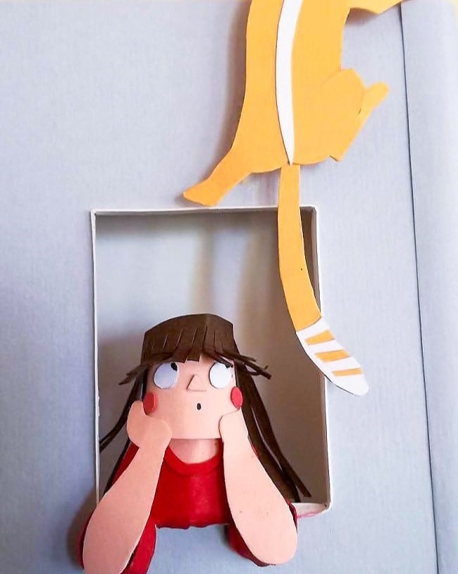 Arte con Papel - Niña y gato. Detalle de diorama.