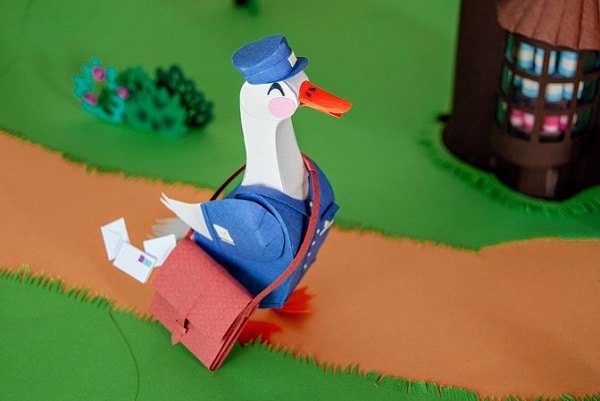 Paper Art - Paper duck in letter's carrier uniform for 3D Paper Art Workshop / Course in Barcelona