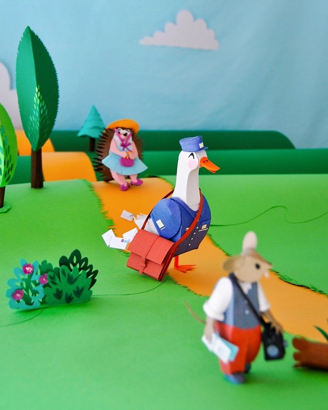 Paper Art - Post duck delivers the mail in the forest. Detail from diorama "Life".