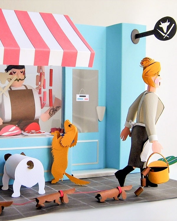 Paper Art - Butcher store full of dogs. Paper diorama.