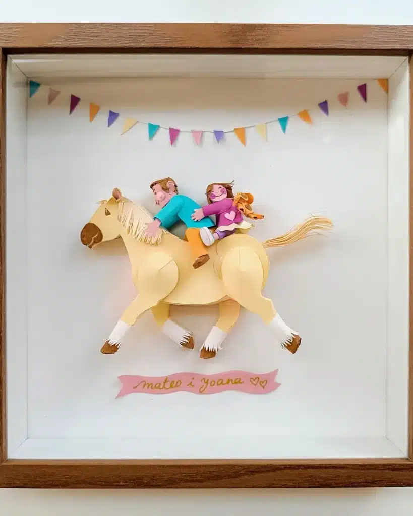 Paper Art - Paper horse ridden by two children. Framed. Paper artwork.